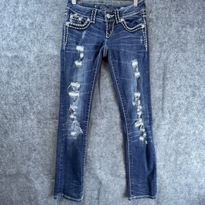 Miss Me Jeans Womens 24 Straight Contrast Stitch Rhinestones Thrashed Destroyed